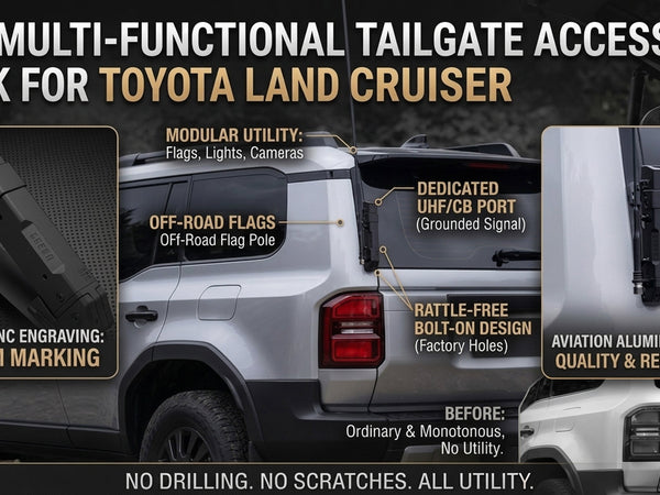 TRAIL-WALK tailgate accessory dock and flag mount on a Toyota Land Cruiser LC250