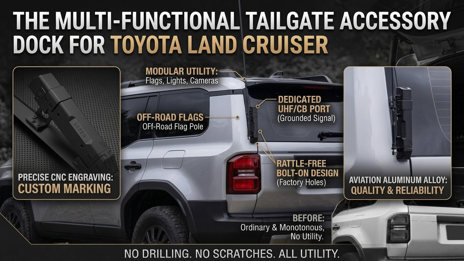 TRAIL-WALK tailgate accessory dock and flag mount on a Toyota Land Cruiser LC250