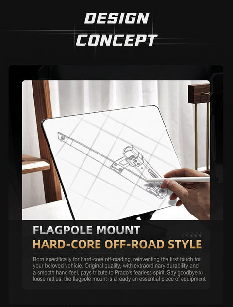 Promotional graphic for a flagpole mount, featuring a hand drawing a technical schematic on a white board. The graphic includes the text 'DESIGN CONCEPT' at the top and 'FLAGPOLE MOUNT HARD-CORE OFF-ROAD STYLE' with descriptive copy at the bottom, set against a dark background.