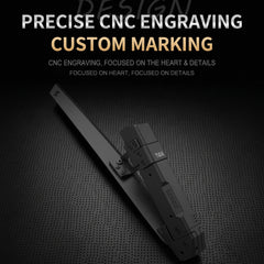 A black precision CNC engraving machine shown diagonally on a dark textured background with promotional text reading 'PRECISE CNC ENGRAVING CUSTOM MARKING'.