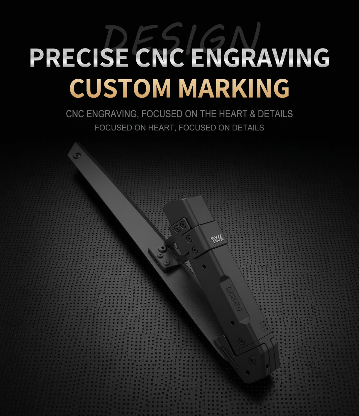 A black precision CNC engraving machine shown diagonally on a dark textured background with promotional text reading 'PRECISE CNC ENGRAVING CUSTOM MARKING'.