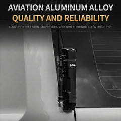 A black TWK(Trail-Walk) aluminum tool mounted on a car window, with promotional text reading 'AVIATION ALUMINUM ALLOY' and 'QUALITY AND RELIABILITY' on a dark background.