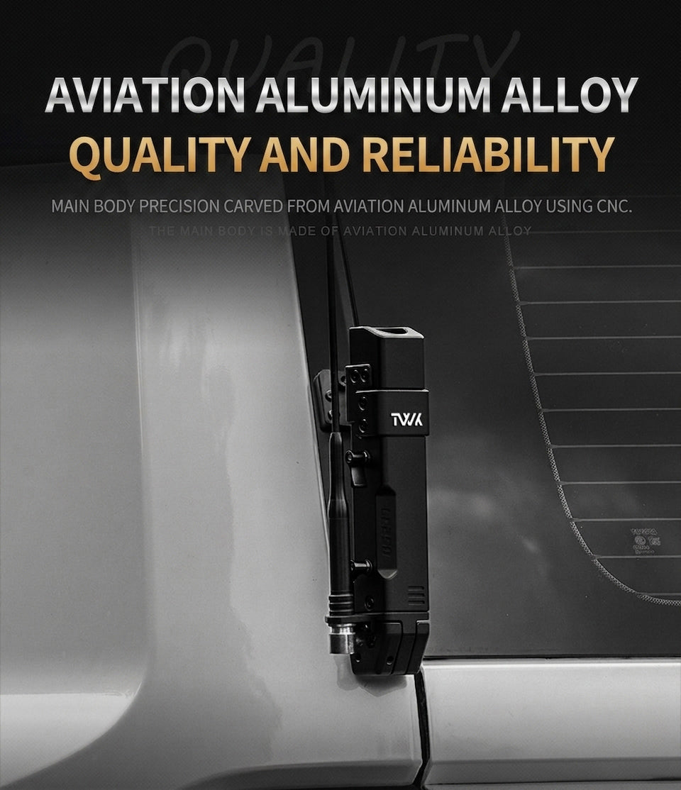 A black TWK(Trail-Walk) aluminum tool mounted on a car window, with promotional text reading 'AVIATION ALUMINUM ALLOY' and 'QUALITY AND RELIABILITY' on a dark background.