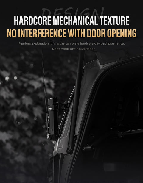 A close-up promotional photo of a black off-road vehicle door hinge area with a mounted electronic device, overlaid with marketing text reading 'HARDCORE MECHANICAL TEXTURE' and 'NO INTERFERENCE WITH DOOR OPENING.' The scene is dark and moody, with blurred foliage in the background.