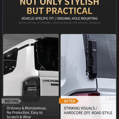 Before and after installation comparison graphic for a vehicle accessory, showing a white vehicle side panel with a black mounting/trim component attached in both states. Large text reads 'BEFORE & AFTER INSTALLATION', 'NOT ONLY STYLISH BUT PRACTICAL', and 'VEHICLE-SPECIFIC FIT / ORIGINAL HOLE MOUNTING'.