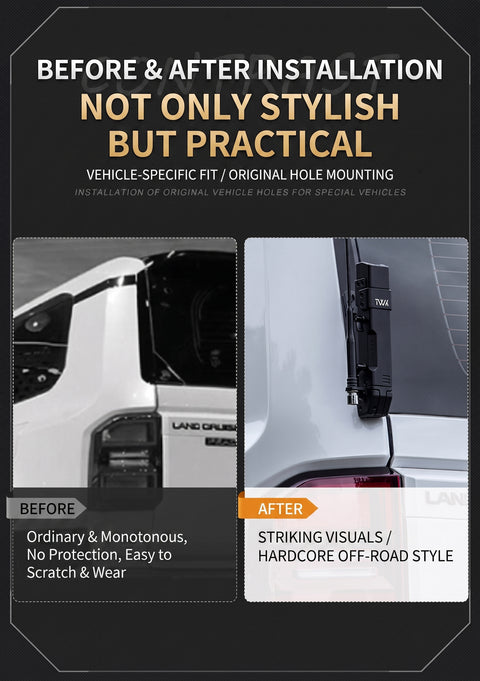 Before and after installation comparison graphic for a vehicle accessory, showing a white vehicle side panel with a black mounting/trim component attached in both states. Large text reads 'BEFORE & AFTER INSTALLATION', 'NOT ONLY STYLISH BUT PRACTICAL', and 'VEHICLE-SPECIFIC FIT / ORIGINAL HOLE MOUNTING'.