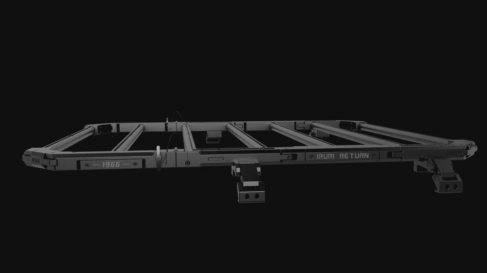 3D animated showcase video rendering the precise mechanical folding action and tactical MOLLE modularity of the convertible Bronco roof rack